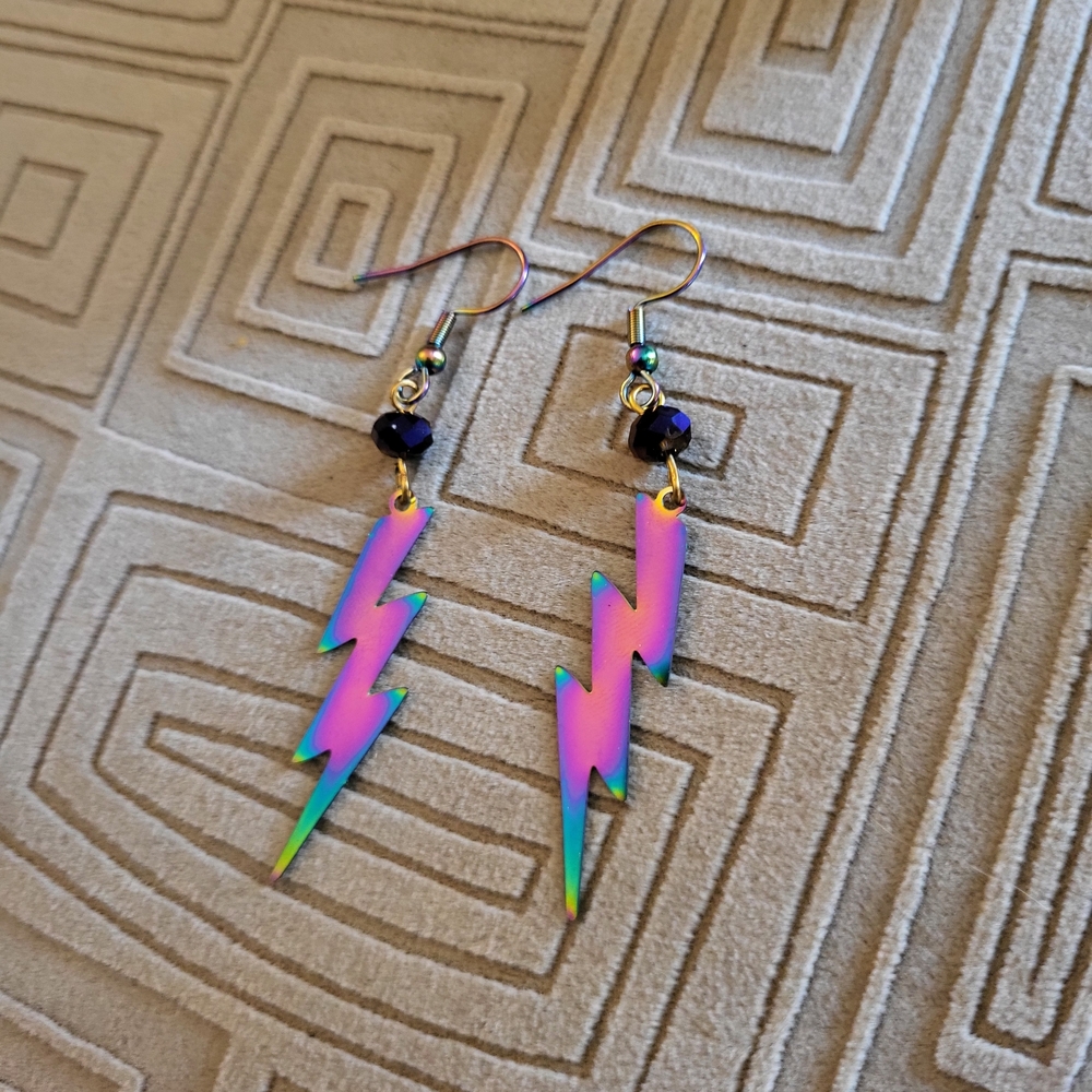 Handmade Rainbow - Oil Slick - Duocjrome Lightning Bolt Dangle Earrings